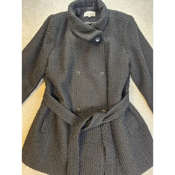 Calvin Klein Women's Wool Blend Textured Peacoat Belted‎ Gray Size 1X