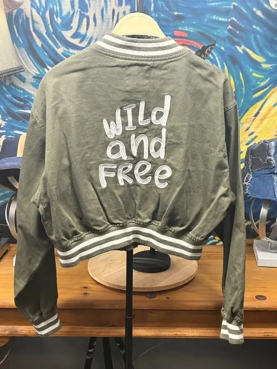 Wild Rose Los Angeles Cropped Bomber Jacket Green Zip Front Embroidered Small