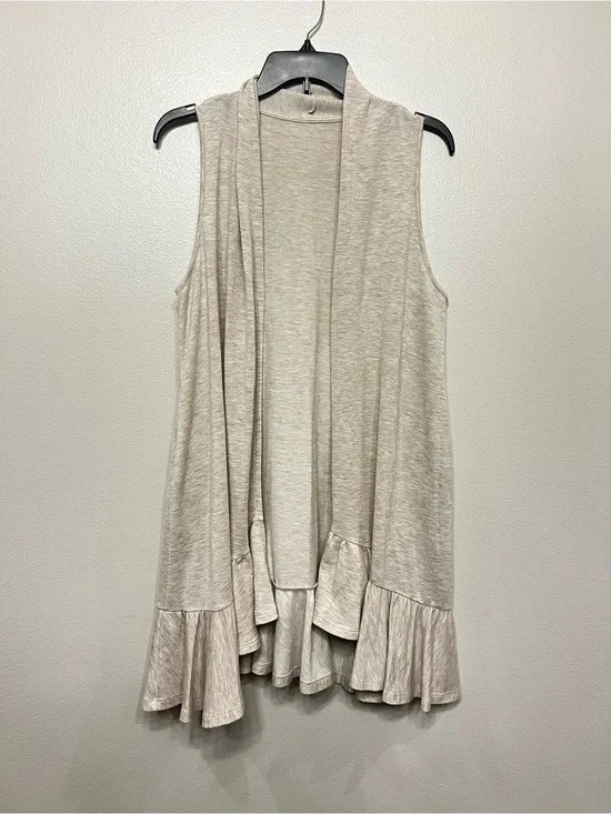 Pleione Cream Oatmeal Heather Ruffle Hem Open Front Cascade‎ Vest Minimalist