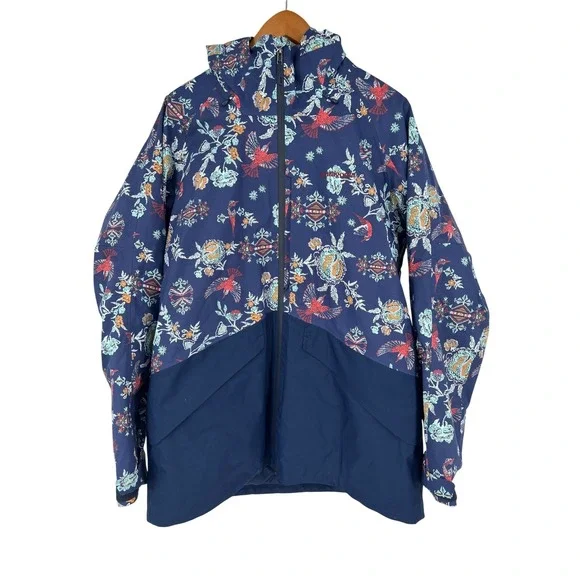 Patagonia Womens XL Insulated‎ Snowbelle Jacket Navy Blue Floral Bird Ski Snow