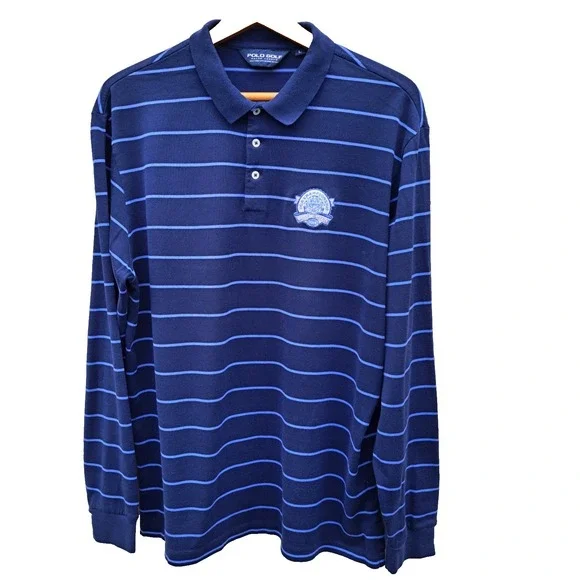 RALPH LAUREN Cotton Polo Golf Shirt  Long Sleeve Blue Striped Size LARGE