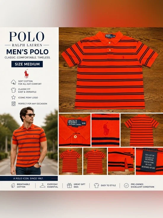 Polo Ralph Lauren Orange & Navy Striped Polo Shirt Men’s Medium Classic Fit