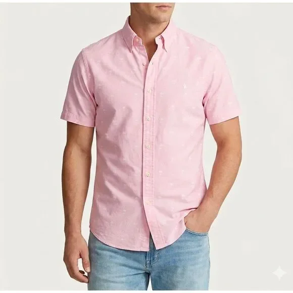 Ralph Lauren Polo Shirt Oxford Embroidered Palms‎ Button-Front Pink Large