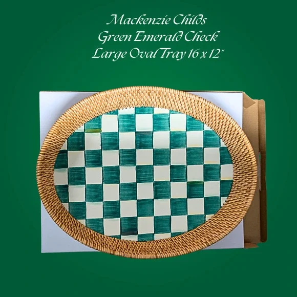 MacKenzie Childs Rattan Enamel Serving Tray Green Emerald Check Large Oval