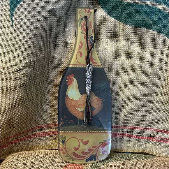 Francesco Rooster Glass Cutting Board w/ Knife Cheese Bread Mat