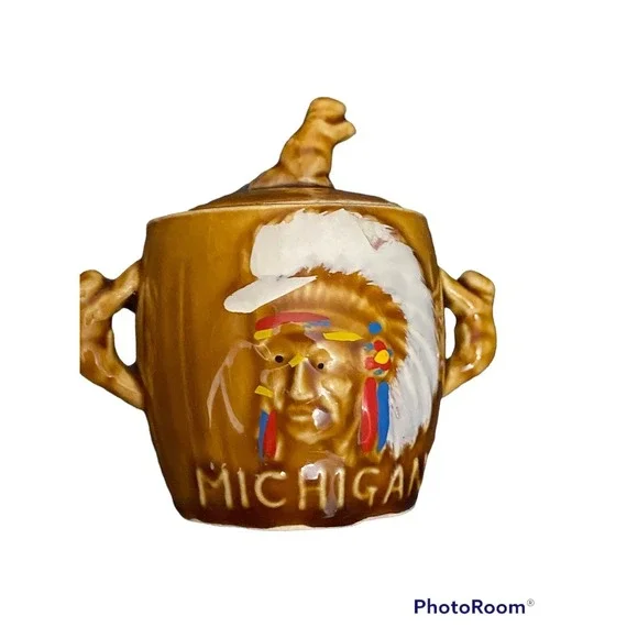 Vintage Thriftco Japan Golden Aspen Michigan Sugar Bowl Native American Chief