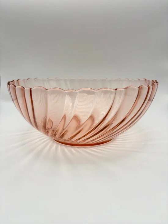 Vintage Arcoroc Rosaline Pink Swirl Glass Bowl France Scalloped Rim 9”