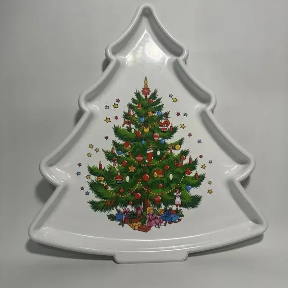 Vtg White Plastic Christmas Tree-Shaped Cookie Tray Made In USA EUC