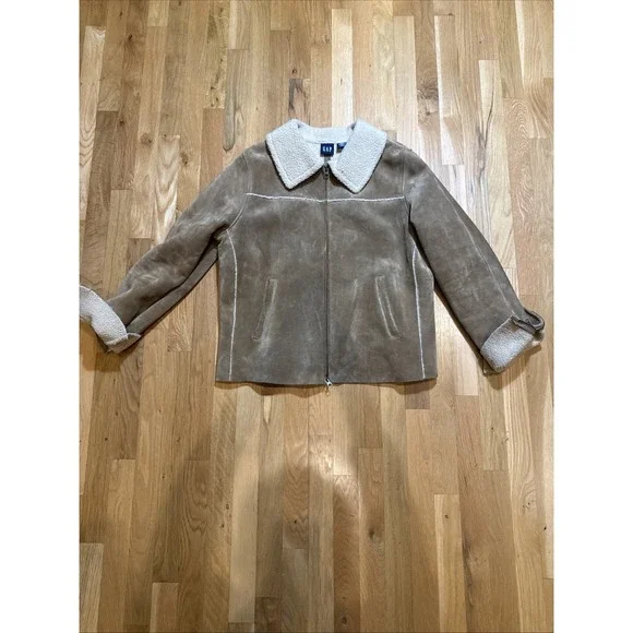 VTG Gap Suede Jacket Sherpa Women's XL Tan Brown Leather‎ Western Full Zip Y2K