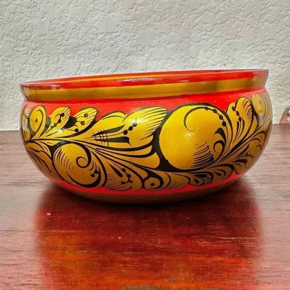 Vintage Wooden Lacquer Bowl Hand Made in Russia