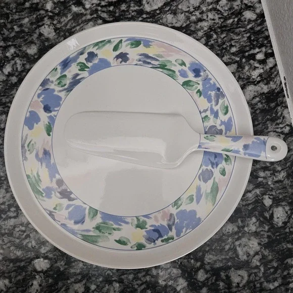 Porcelain Pastel Abstract‎ Art Cake Plate with Serving Spatula