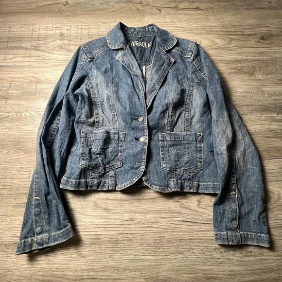 Hydraulic Denim‎ Blazer Women Large Blue Stretch Two Button Jacket Medium Wash
