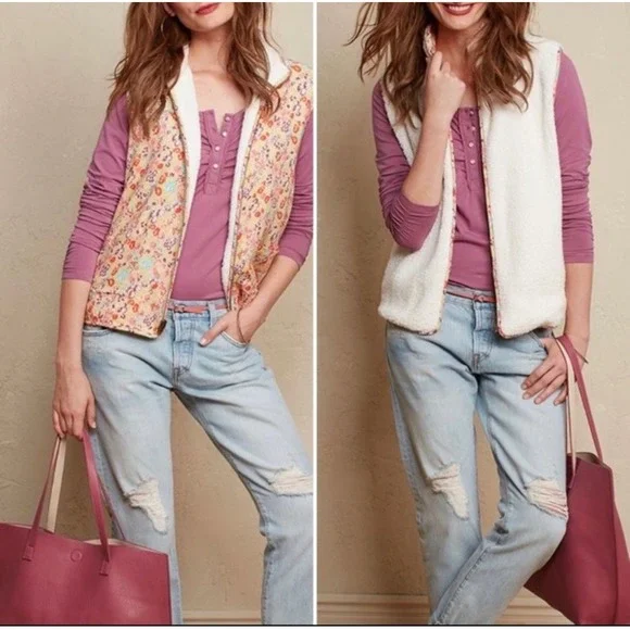 Matilda Jane Womens Reversible Sherpa Fleece Vest Size Large Floral Print White‎