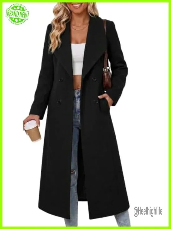 Shawl Collar Long Wool Coat Double Breasted Trench Peacoat