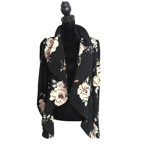 Black Floral Waterfall Blazer Jacket Size 1X Open‎ Front Drape Dark Romance