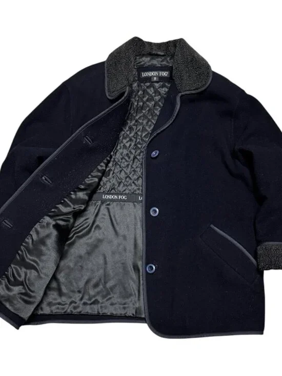 LONDON FOG Designer WOOL Sherpa Fleece  Blue Winter Parka Coat Womens 10 Petite