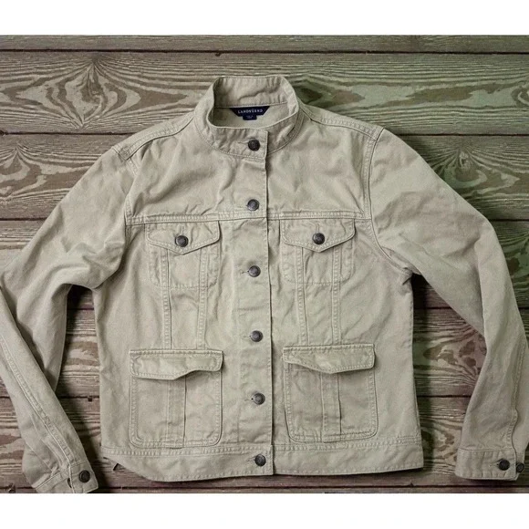 Lands' End Women's Utility Jacket Khaki Tan Button‎ Front Field Chore Sz M