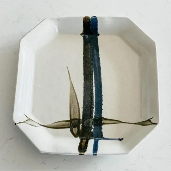 Vintage Pottery Artist Signed Boho Neutral Contemporary Octagonal Platter 11x11