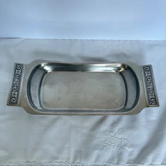 Vtg International Decorator Stainless Tray Floral Scroll Handle MCM Chic Retro