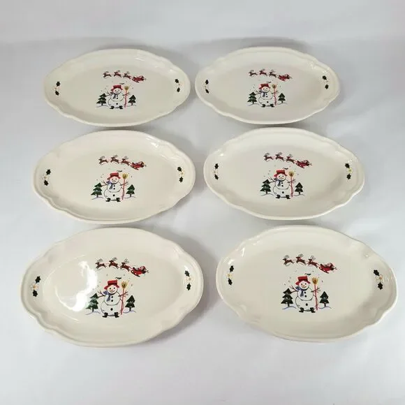 Pfaltzgraff Snow Village Relish Oval Dish Plate Vtg Christmas Snowman Set of 6