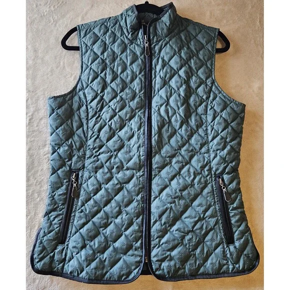 Eddie Bauer Women's Goose Down Quilted Vest Medium Tall Green Y2K Star Embroider