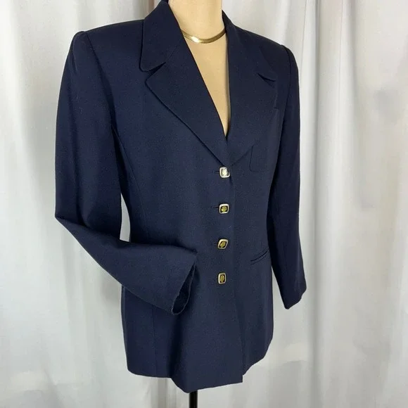 Le Suit Petite Navy Blazer Size 8P Gold Cameo Button Career Jacket