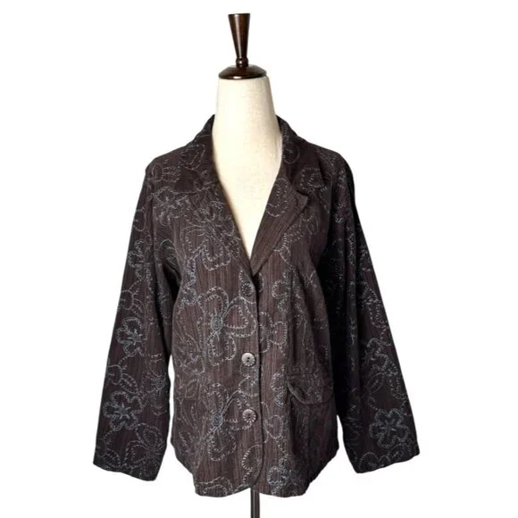 Flax Blazer Women Small Brown‎ Blue Floral Embroidery Corduroy Chore Coat