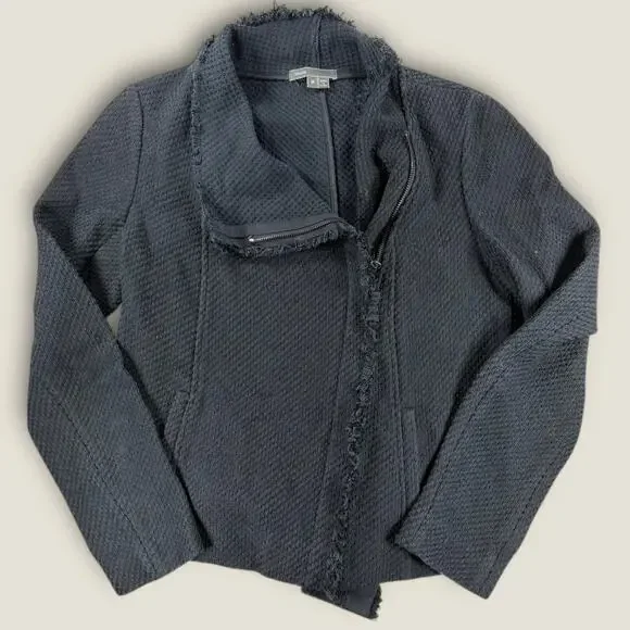 Vince Jacket‎ Medium Black Tweed Moto Asymmetrical Zip Fringe Cotton Blend M