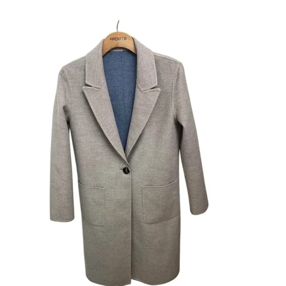 100% Virgin Wool Reversible Coat Womens 8 Grey Blue Long Jacket Blazer‎ Classic