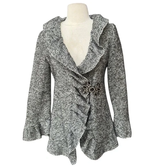 Bell by Alicia Bell Black & White Tweed Wool Blend Ruffled Black/Faux Diamond Bl