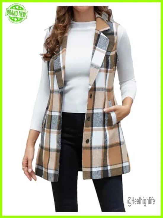Women's Wool Plaid Notch Lapel Vest Slim Fit Sleeveless Fall Winter