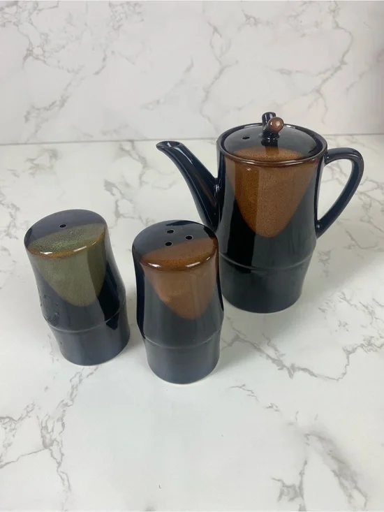 Vintage Japanese 70s Soy Sauce Pitcher and Salt and Pepper Shaker brown Glaze