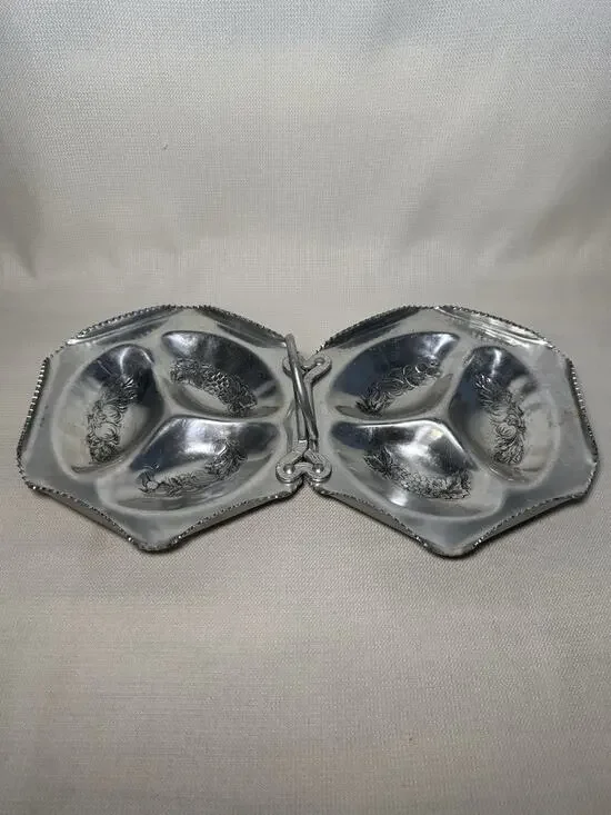 Vintage Cromwell Hand Wrought Aluminum 14.75x8.5” Double Hexagon Tray Fruit