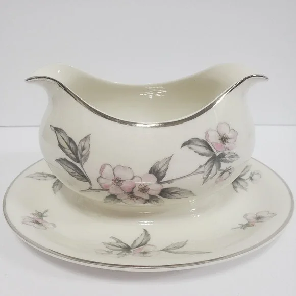 Ancestral Spring Glory Gravy Boat Sauce Dish White Pink Floral Silver Rim‎