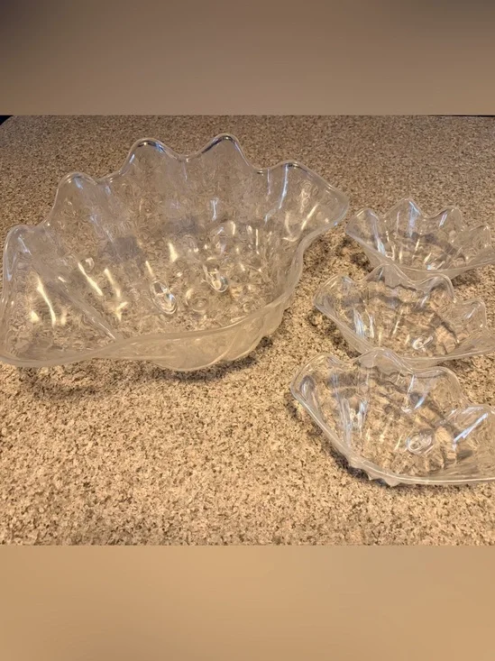 Vintage Lucite Acrylic Clear Shell Footed Serving Set-4 Pieces