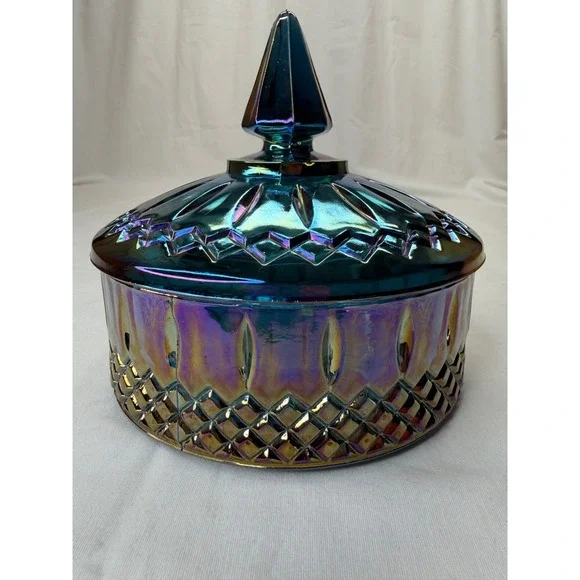 VTG Indiana Glass Iridescent Peacock Blue Carnival Glass Candy Dish w/ Lid 5.5