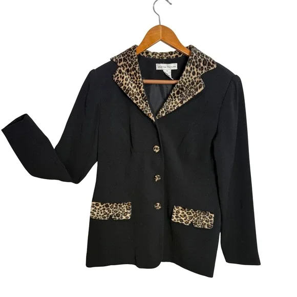 Vintage 90s Faux Fur Leopard Print Blazer Jacket Size 10 Mob Wife Office Siren‎
