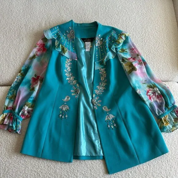 Elite Champagne Women's Blue Bedazzled Flowy Suit‎ Jacket Puff Sleeves Size 14