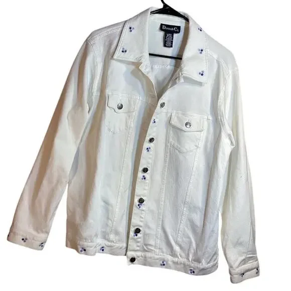 Denim &‎ Co Women's Ivory Floral Embroidered Denim Jacket Size L