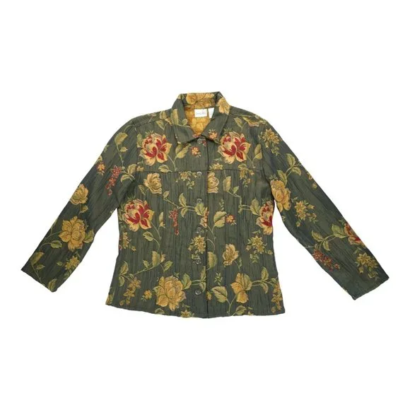 Vintage Chicos 1‎ Women's Jacket Button Floral Green Long Sleeve Embroidered