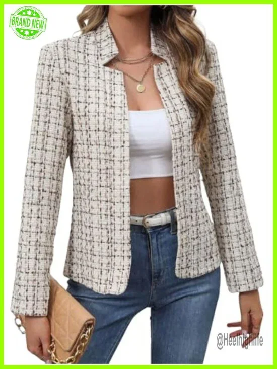 Womens Casual Slim Notched Plaid Tweed Blazer Open Front Long Sleeve Business