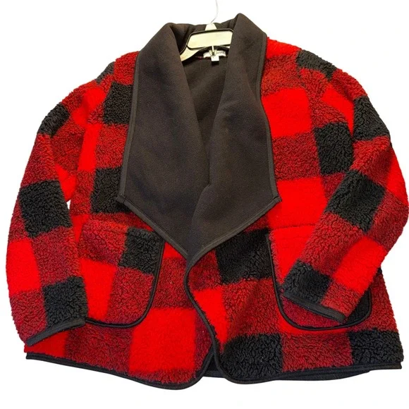 Sonoma Buffalo Plaid Sherpa Fleece Shawl‎ Collar Jacket Womens Size S Red Black
