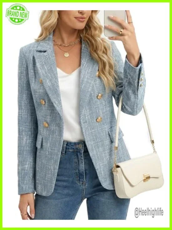 Double Breasted Tweed Blazer with Pockets