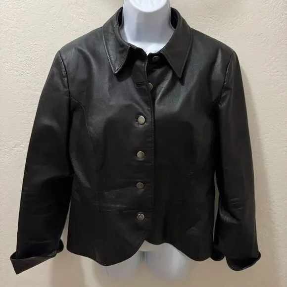 Vintage 90s Shape FX Black Leather Jacket Metal Buttons 14