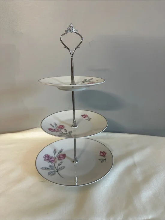 Porcelain 3-Tier Dessert Stand with Pink Rose Motif