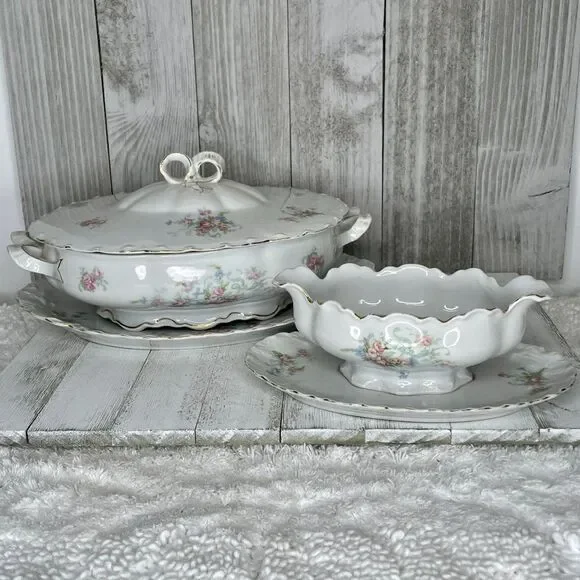 Antique Schönwald R.S.A.G. Bavaria Porcelain Covered Serving Dish, Platter, & Gr