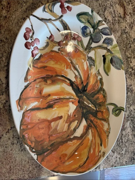 Pottery Barn Orange Pumpkin & Floral Oval Serve Platter