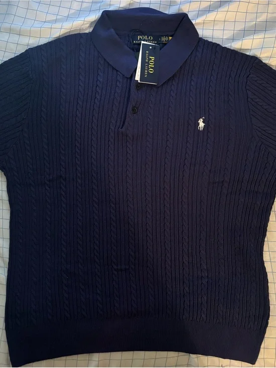 Polo Ralph Lauren Cable Knit Cotton Sweater Polo Shirt Navy Blue Size L NWT