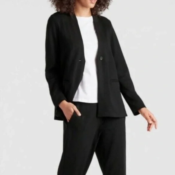 Eileen Fisher Stand Collar‎ One Button Tencel Blazer Jacket Black Large