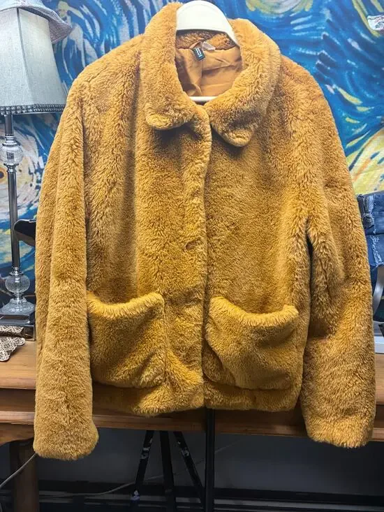 H&M Divided Mustard Teddy Fleece Jacket Women's Large Button Front Plush